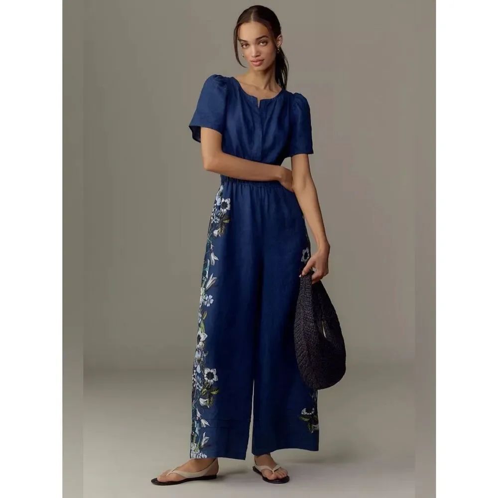 New Anthropologie The Somerset Jumpsuit: Linen Printed Edition Size M